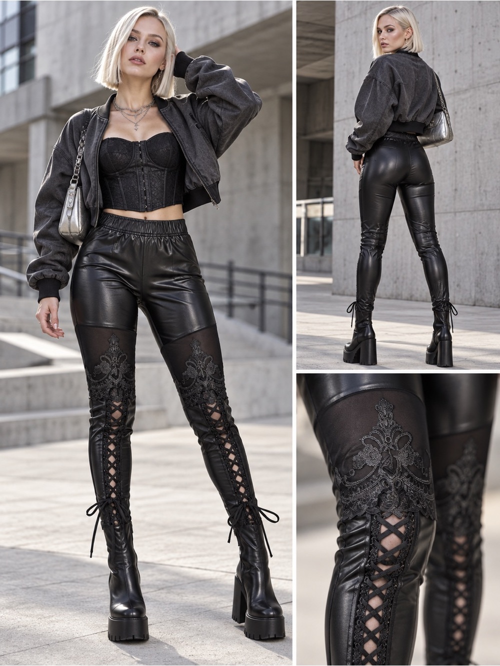 Women's Black Faux Leather Lace-Up Skinny Pants